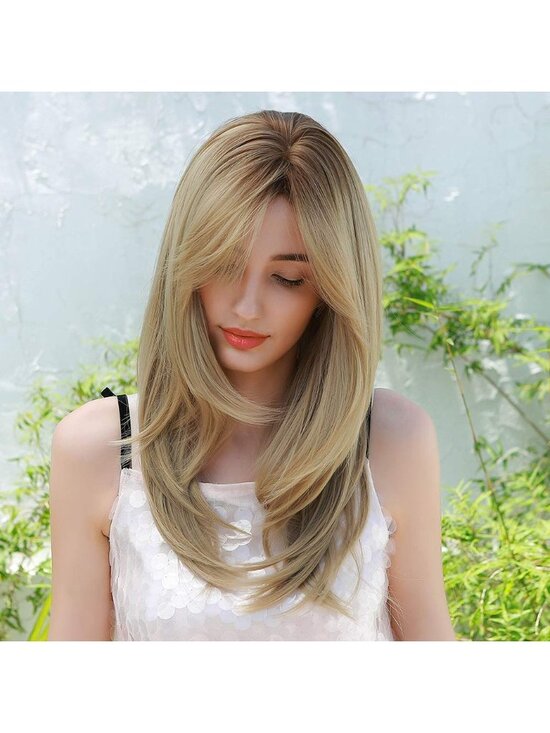 Women ombre ash blonde Heat Resistant Long Curly Shoulder Length Synthetic Wigs